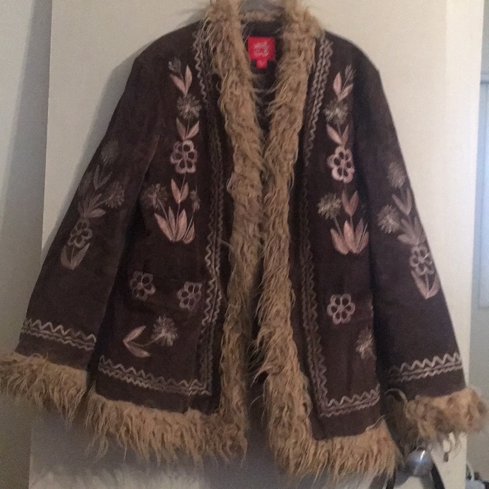 70’s style floral/ faux fur suede coat
